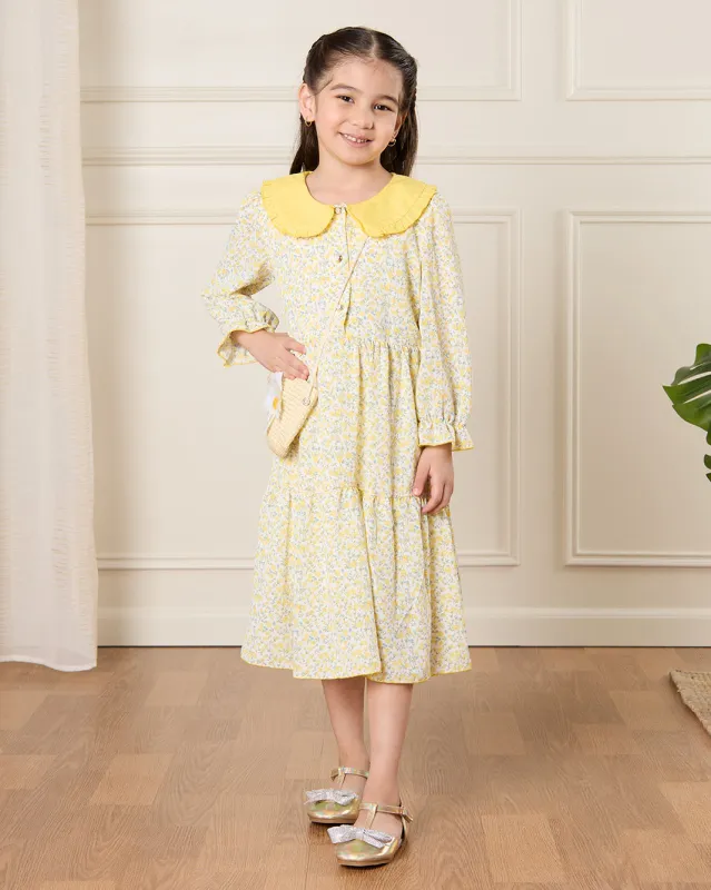 Girls Yellow Floral Print Dress With Bag sold by Redtag