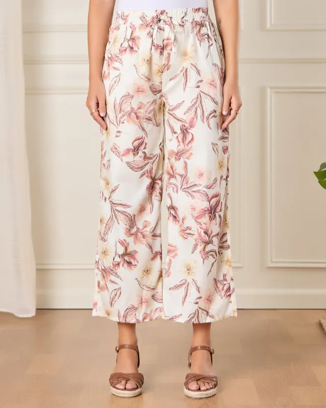 Women White Printed Wide Leg Casual Trousers sold by Redtag