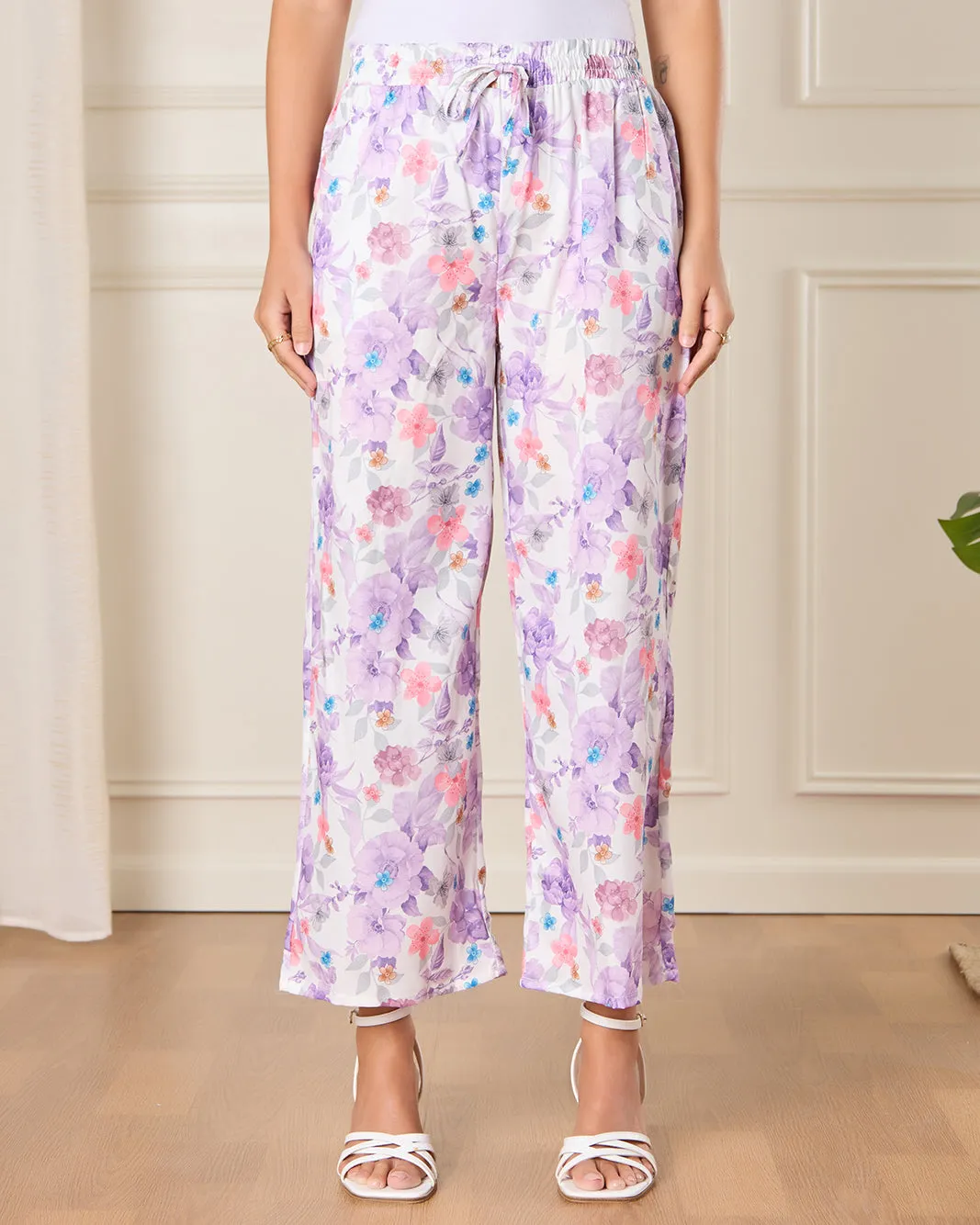 Women Purple Printed Wide Leg Casual Trousers sold by Redtag