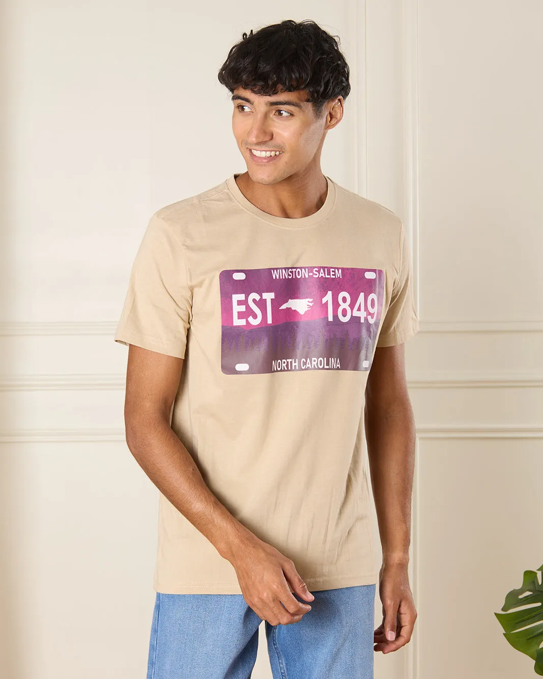 Men Beige Graphic T-Shirt sold by Redtag