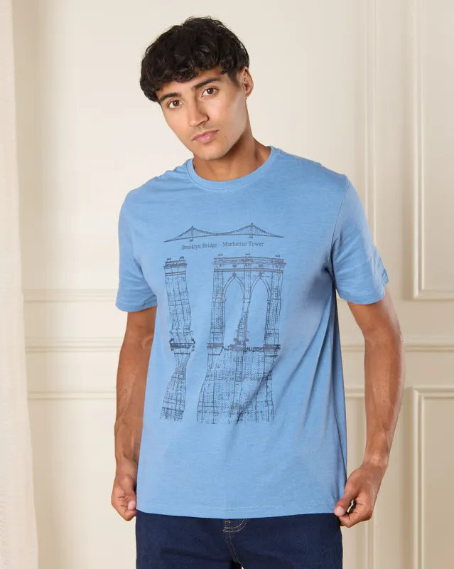Men Blue Brooklyn Bridge Print T-Shirt sold by Redtag