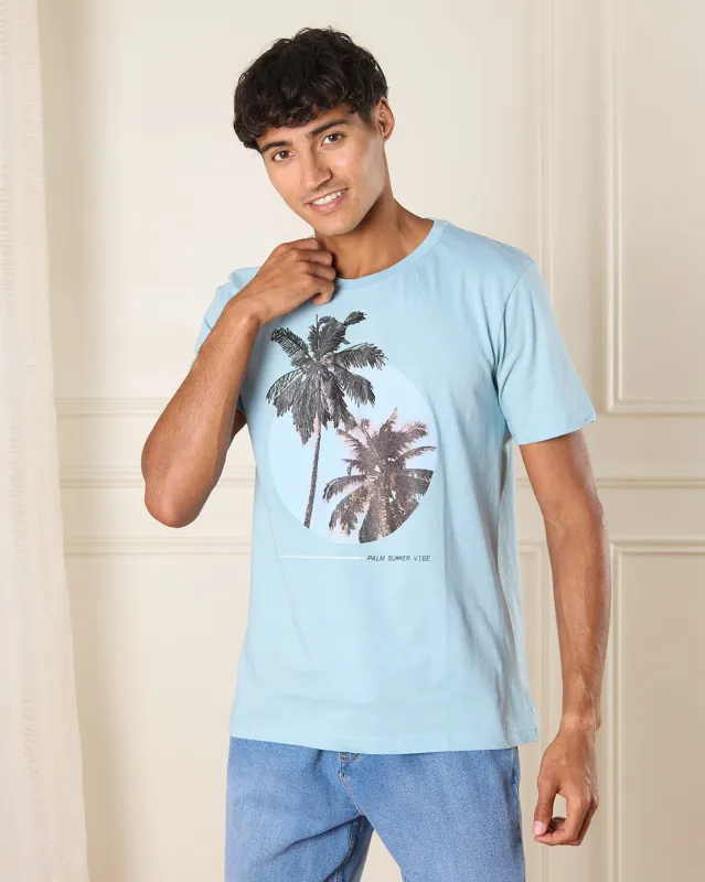 Men Blue Palm Print T-Shirt sold by Redtag