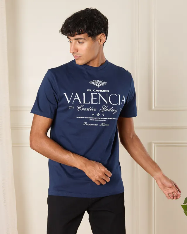 Men Navy Valencia Print T-Shirt sold by Redtag