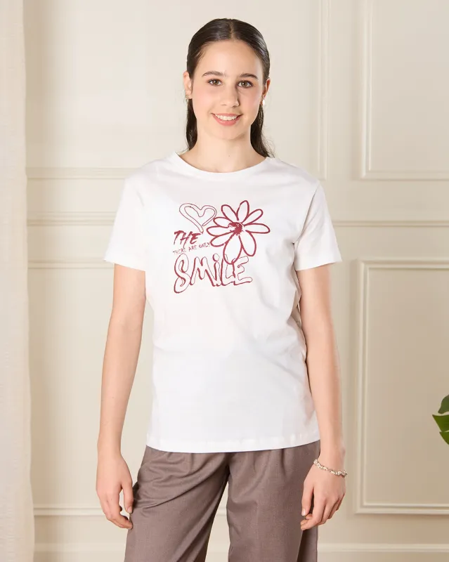 Senior Girls White Printed T-Shirt sold by Redtag