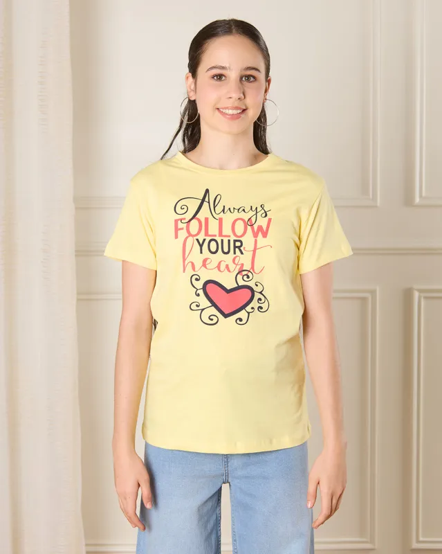 Senior Girls Yellow Printed T-Shirt sold by Redtag