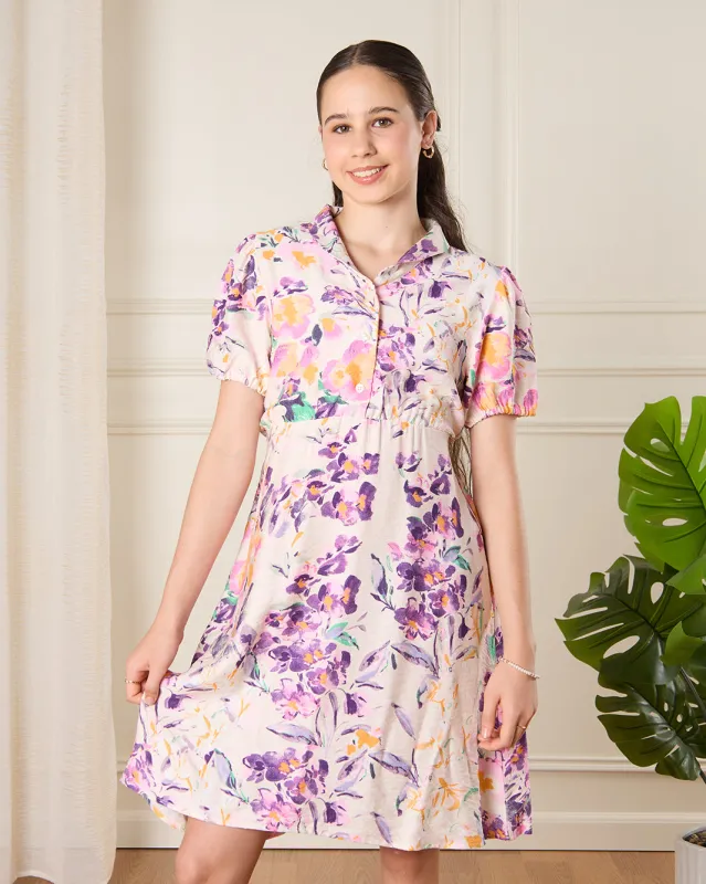 Senior Girls White Printed Casual Dress sold by Redtag