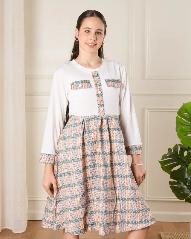 Senior Girls White Checkered Collared Dress sold by Redtag