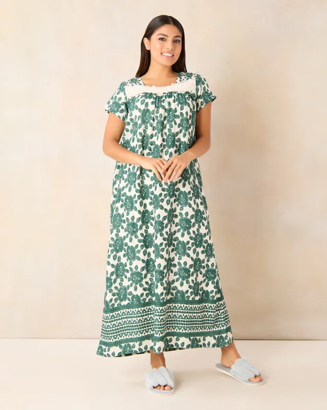 Women Green Printed With Lace Detail Nightgown sold by Redtag