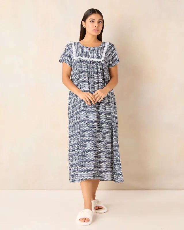 Women Navy Printed With Lace Detail Nightgown sold by Redtag
