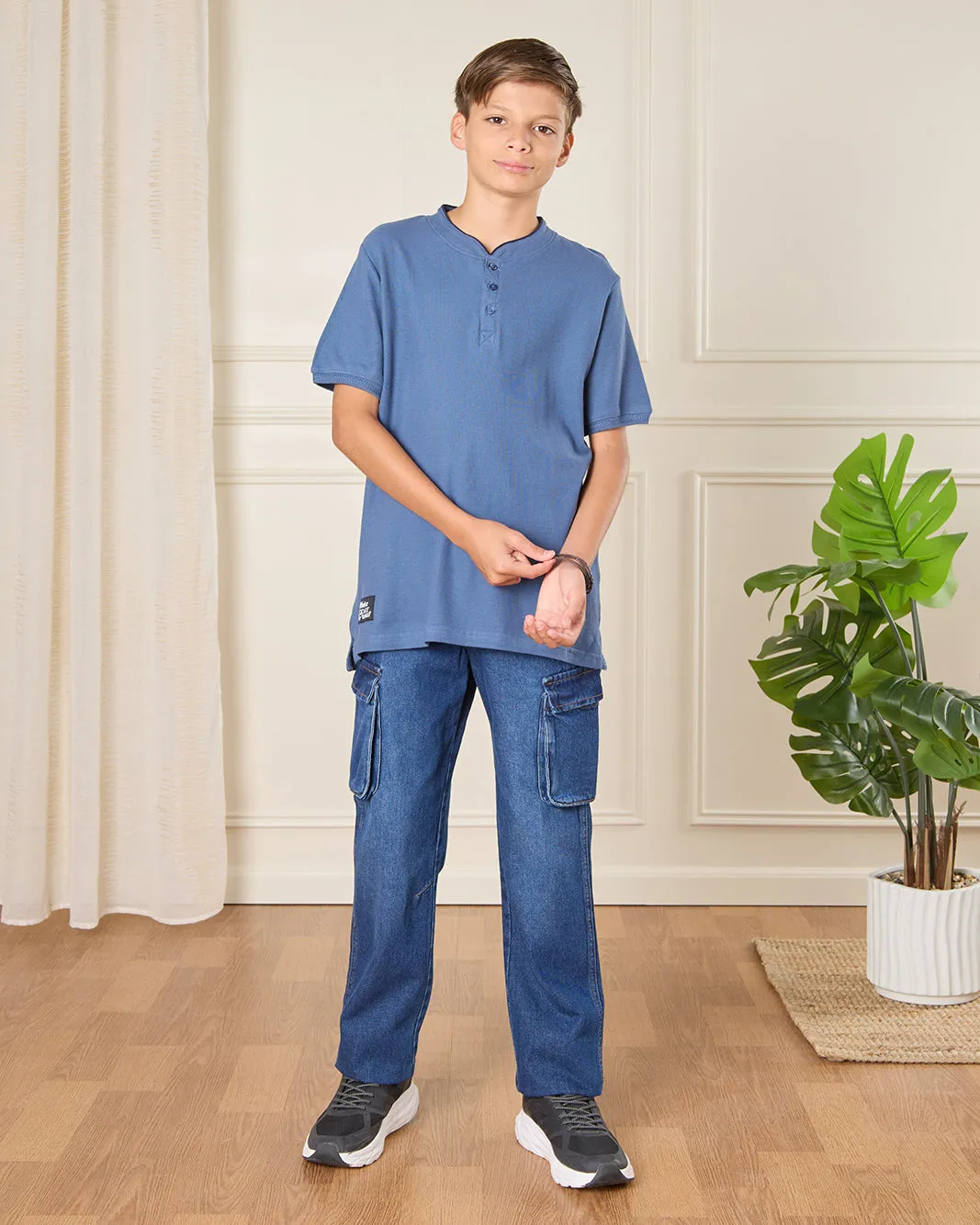 Senior Boys Blue Mandarin Collared T-shirt sold by Redtag product image thumbnail 2