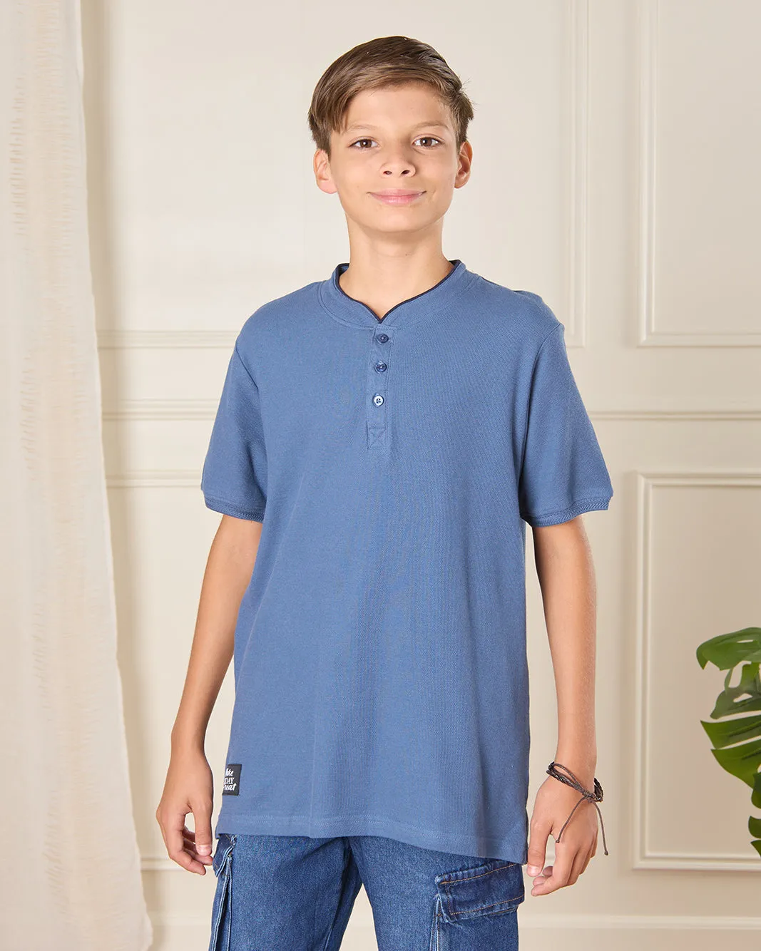 Senior Boys Blue Mandarin Collared T-shirt sold by Redtag