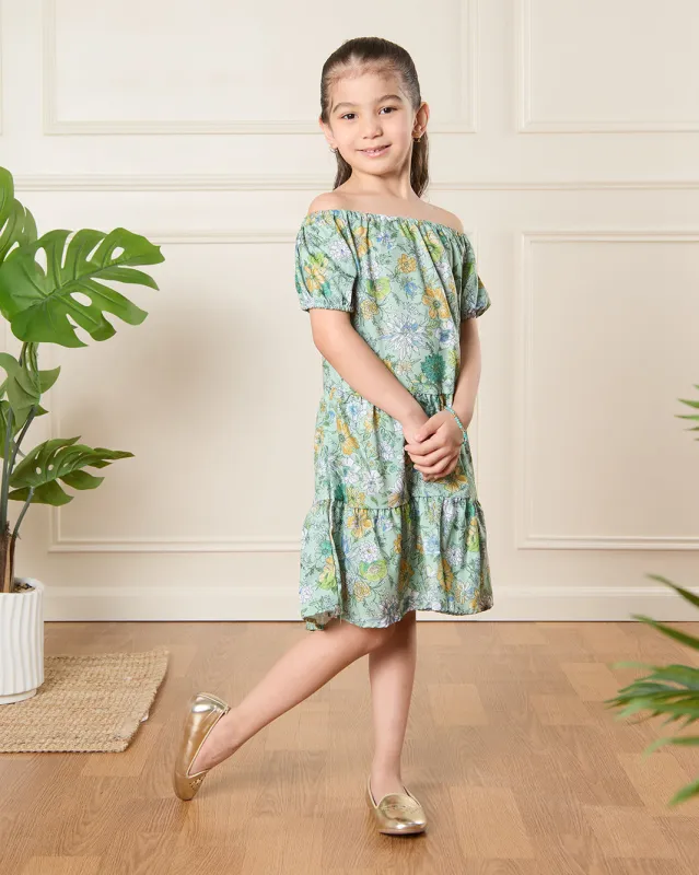 Girls Green Printed Casual Dress sold by Redtag