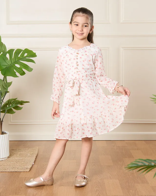 Girls Cream Printed Dress sold by Redtag