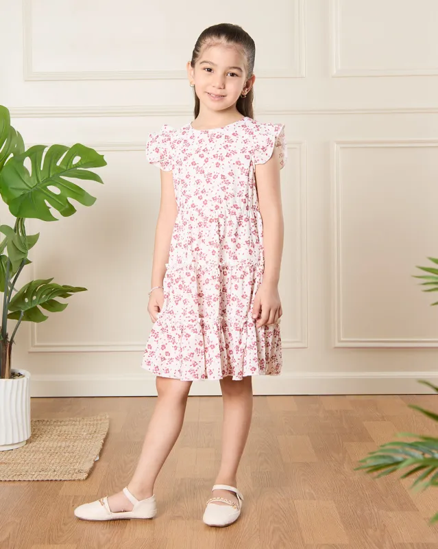 Girls White Floral Print Dress sold by Redtag