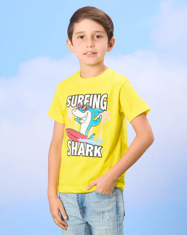 Boys Yellow Surfing Shark Print T-Shirt sold by Redtag