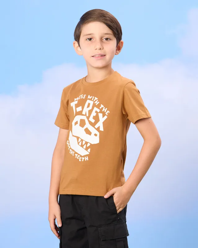 Boys Brown T-Rex Print T-Shirt made by Redtag