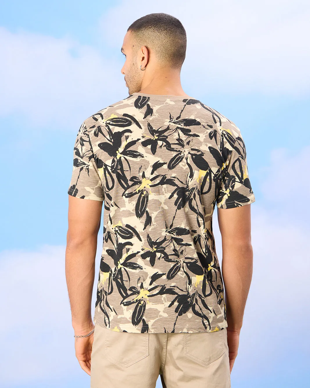 Men Beige Floral Print T-Shirt sold by Redtag product image thumbnail 3