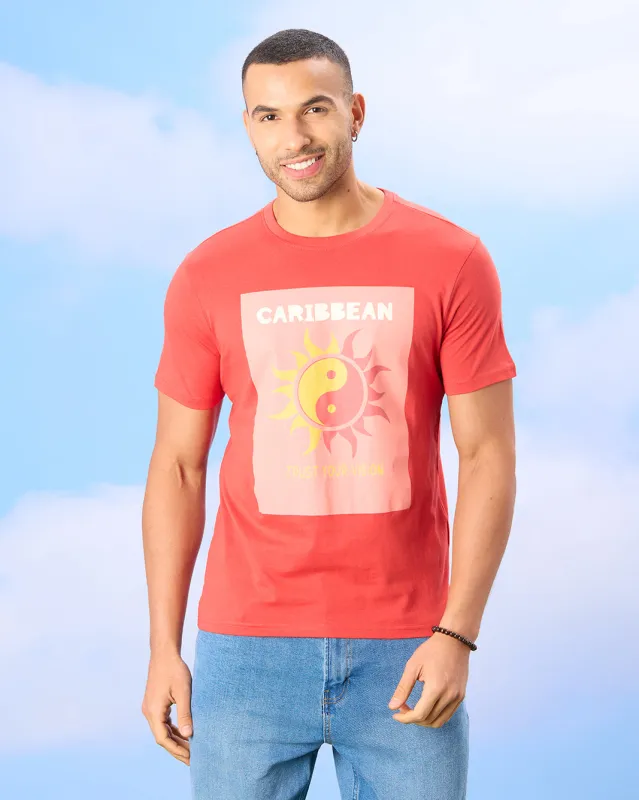 Men Red Caribbean Print T-Shirt sold by Redtag