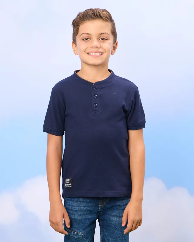 Boys Navy Mandarin Polo Shirt sold by Redtag