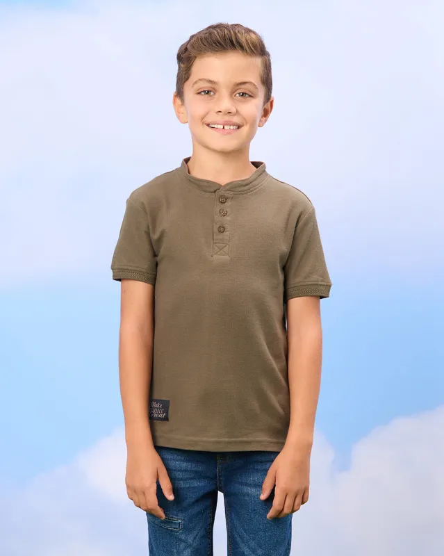 Boys Olive Mandarin Polo Shirt sold by Redtag