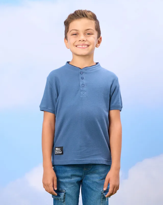 Boys Blue Mandarin Polo Shirt sold by Redtag