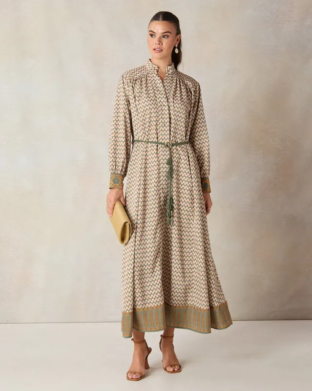 Women Cream Printed Belted Dress sold by Redtag