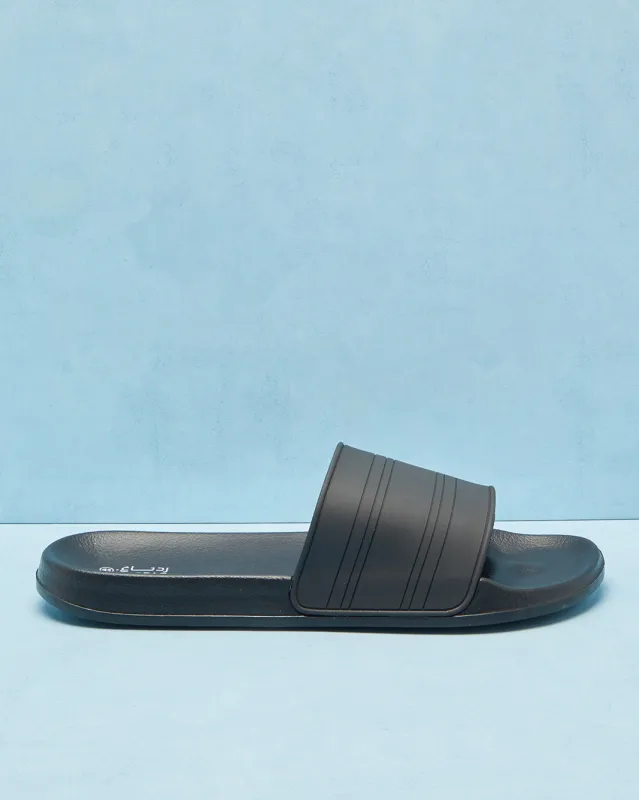 Men Black Striped Slide sold by Redtag