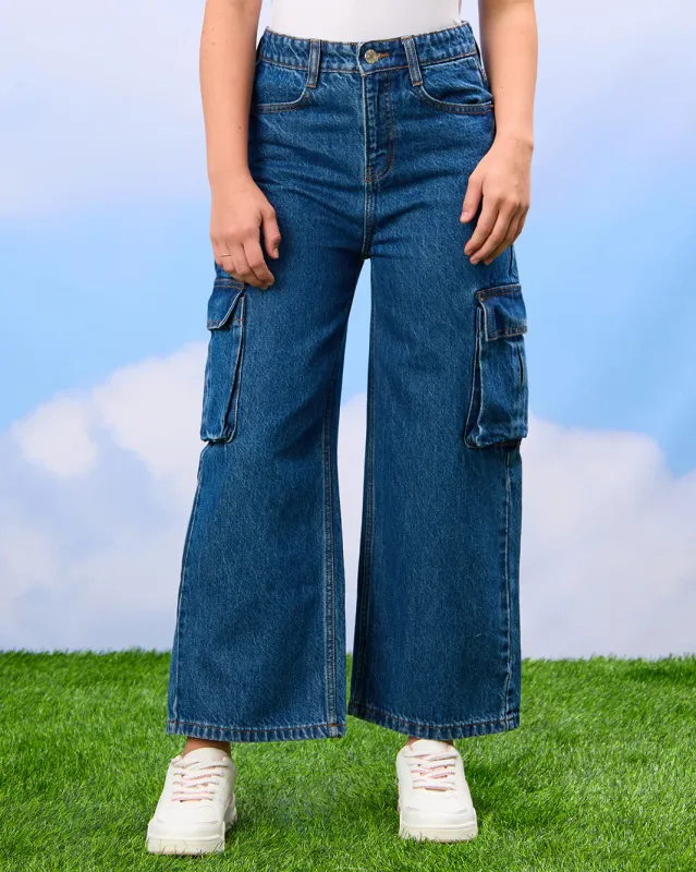 Senior Girls Blue Cargo Pocket Jeans sold by Redtag