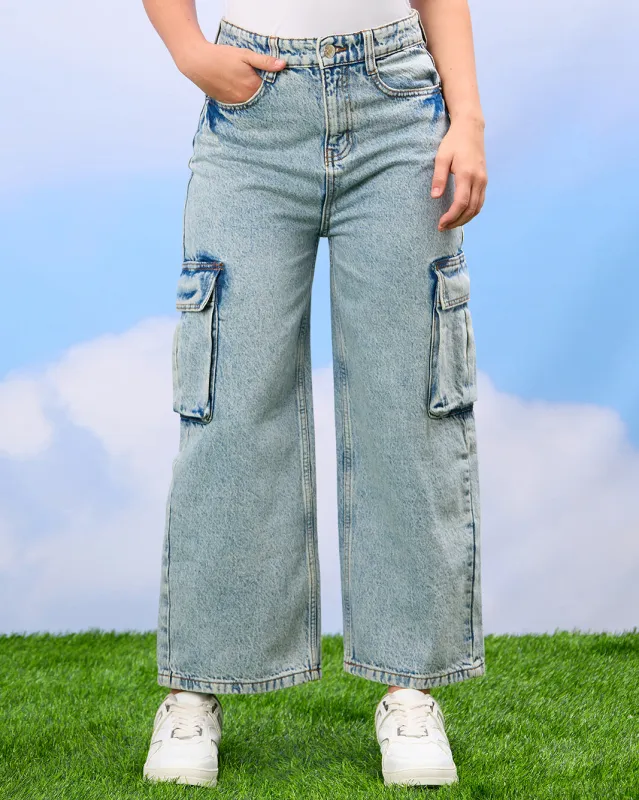 Senior Girls Blue Cargo Pocket Jeans sold by Redtag