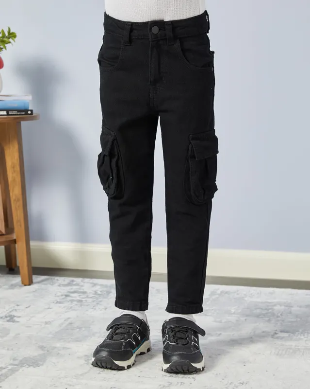 Boys Black Plain Cargo Pocket Jeans sold by Redtag