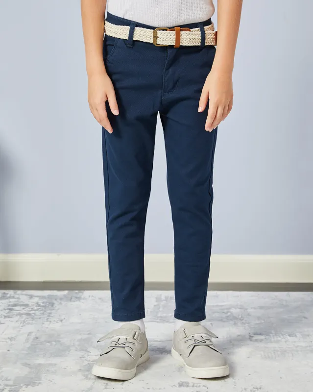 Boys Navy Plain Belted Chino Trouser sold by Redtag