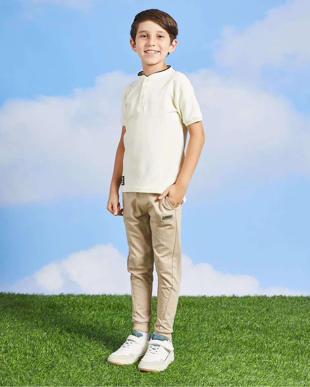 Boys Cream Mandarin Collared Polo Shirt sold by Redtag product image thumbnail 2