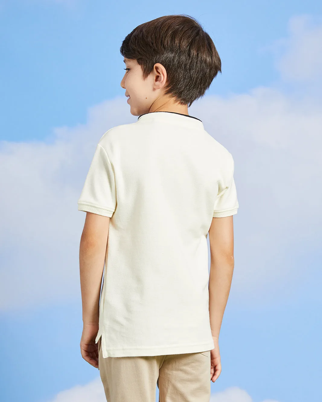 Boys Cream Mandarin Collared Polo Shirt sold by Redtag product image thumbnail 3