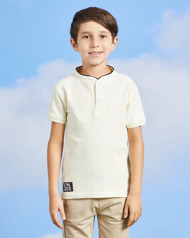 Boys Cream Mandarin Collared Polo Shirt sold by Redtag