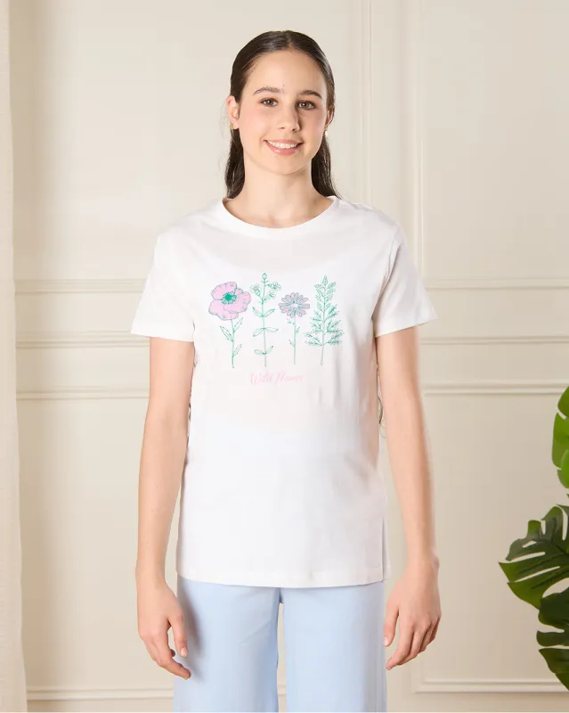 Senior Girls White Printed T-Shirt sold by Redtag