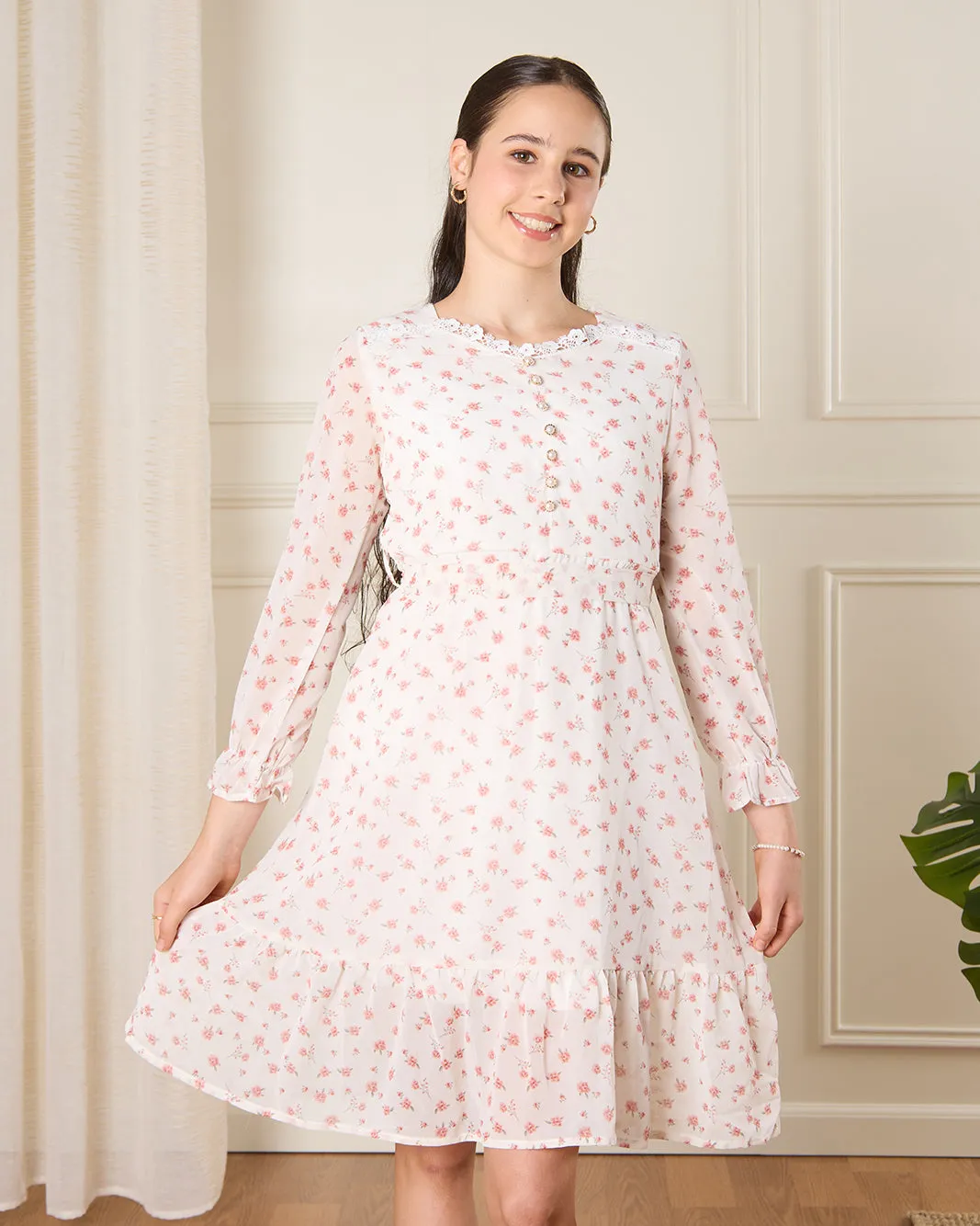 Senior Girls White Floral Dress sold by Redtag