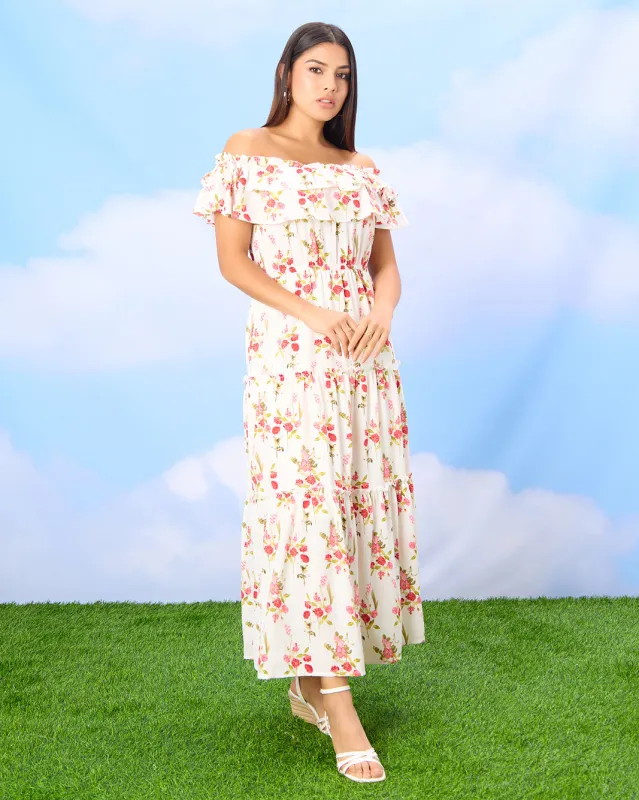 Women Cream Printed Dress sold by Redtag