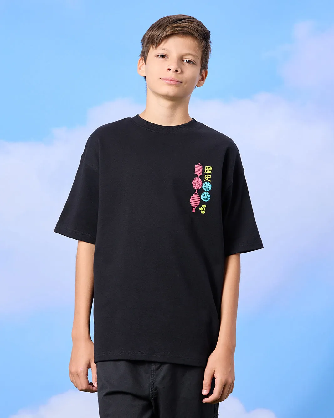 Senior Boys Black Flamingo Emb Oversize T-Shirt sold by Redtag