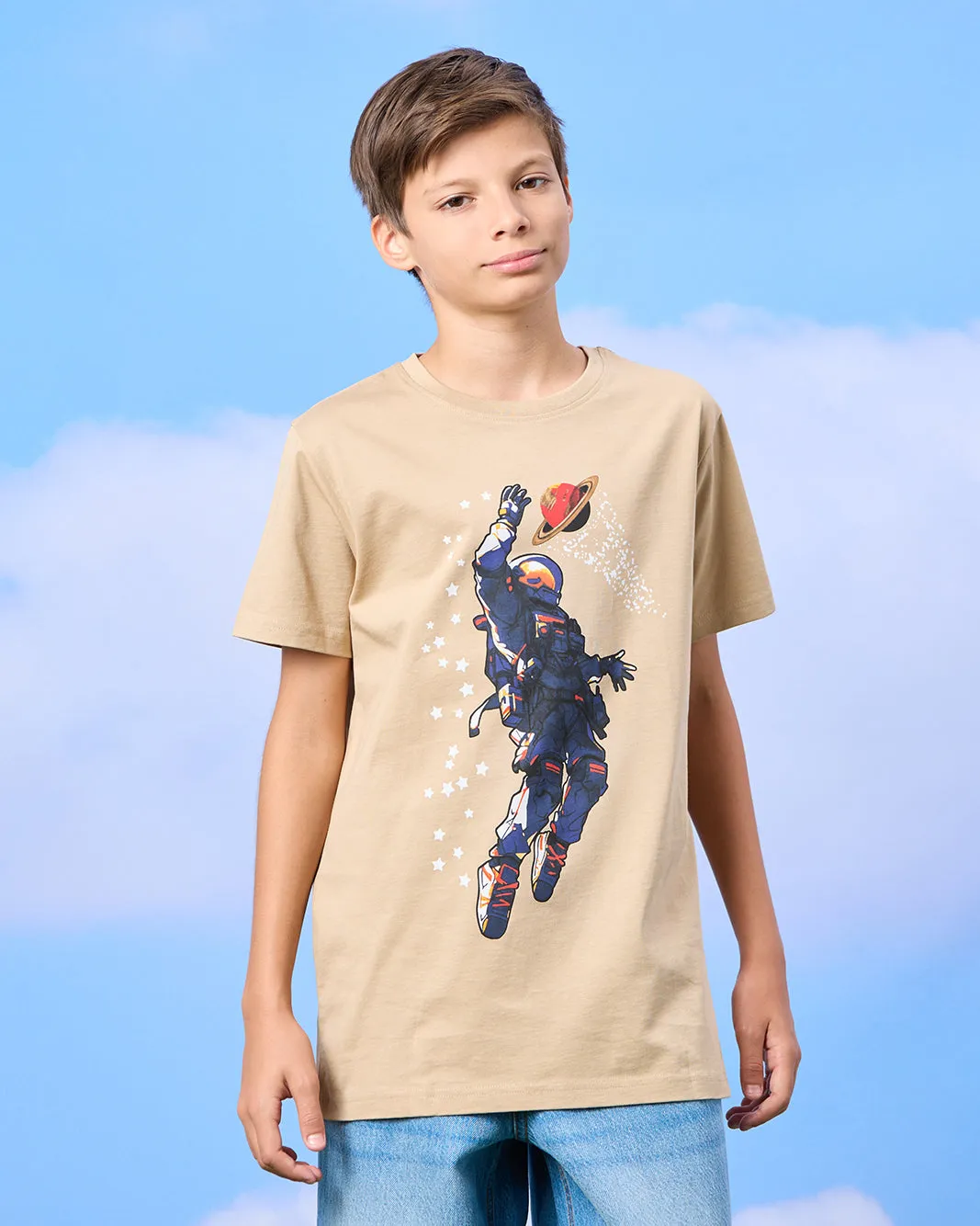 Senior Boys Beige Astronaut Print T-Shirt sold by Redtag
