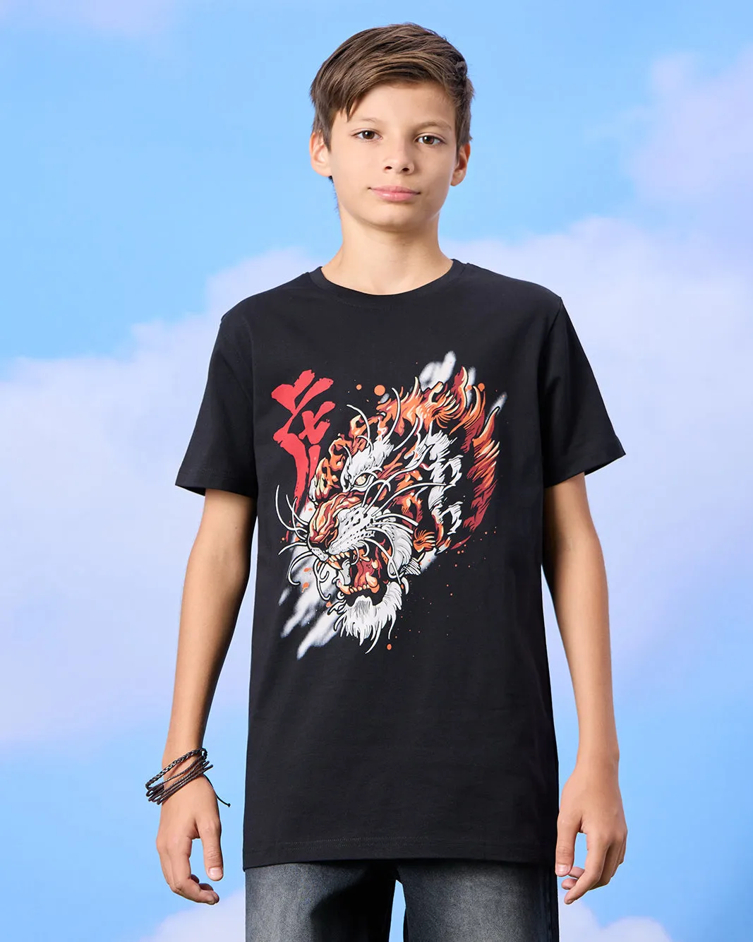 Senior Boys Black Tiger Face Print T-Shirt sold by Redtag