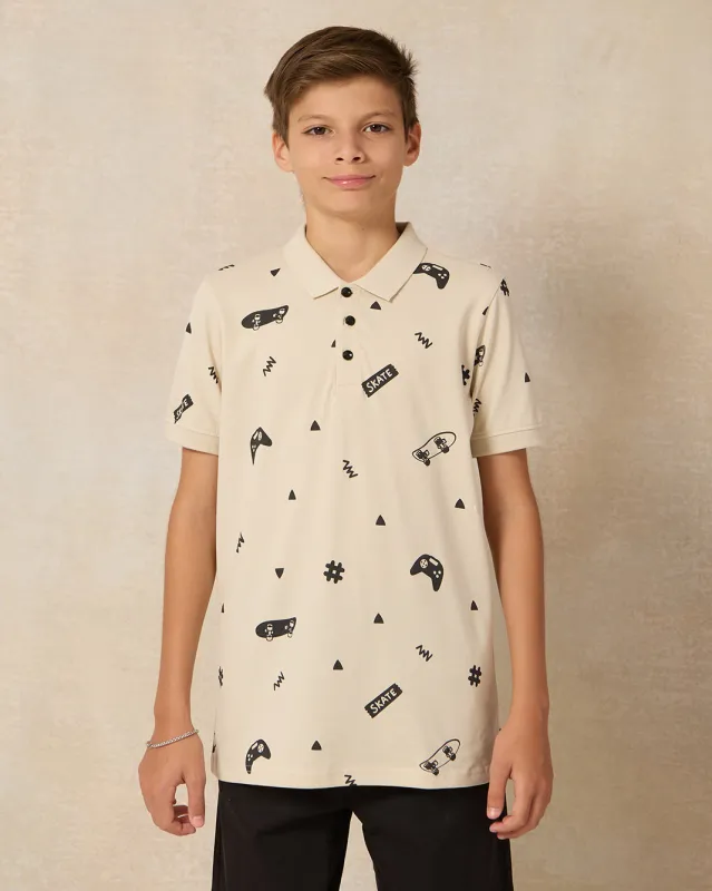 Senior Boys Beige Printed Polo Shirt sold by Redtag