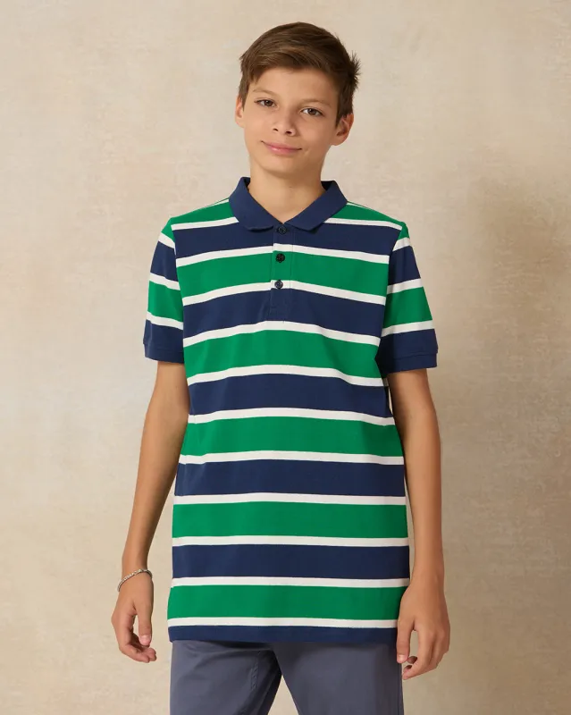 Senior Boys Navy And Green Striped Polo Shirt sold by Redtag