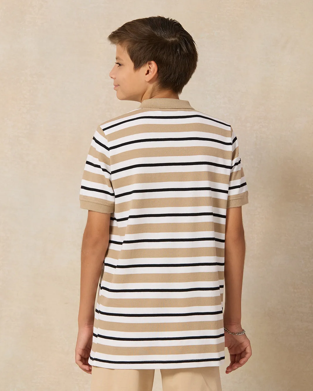 Senior Boys Beige Striped Polo T-shirt sold by Redtag product image thumbnail 3