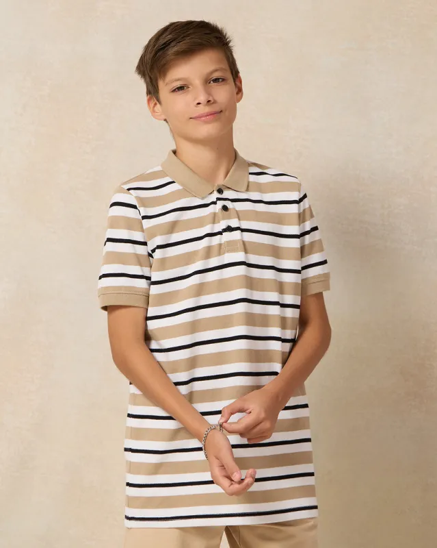Senior Boys Beige Striped Polo T-shirt sold by Redtag