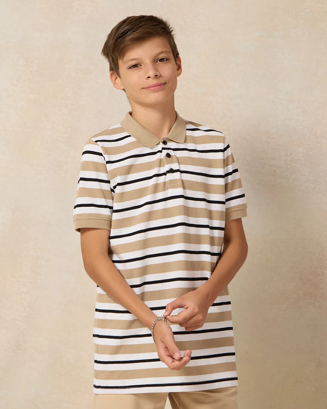 Senior Boys Beige Striped Polo T-shirt sold by Redtag