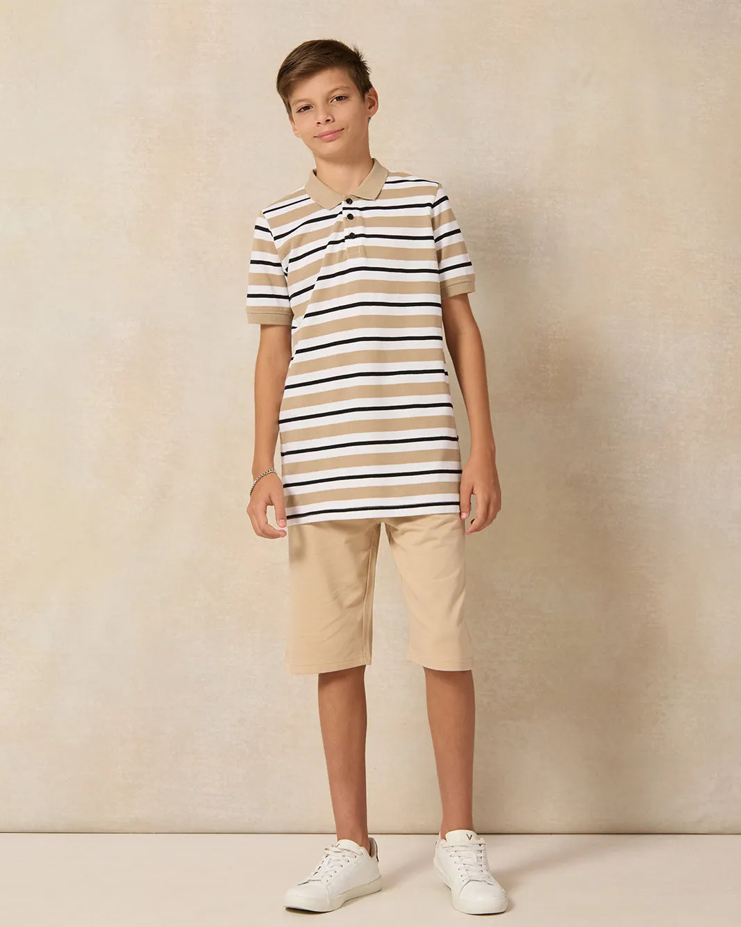 Senior Boys Beige Striped Polo T-shirt sold by Redtag product image thumbnail 2