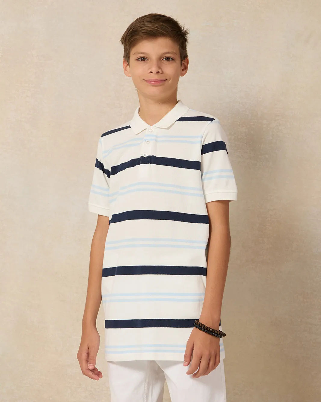 Senior Boys White Striped Polo T-shirt sold by Redtag