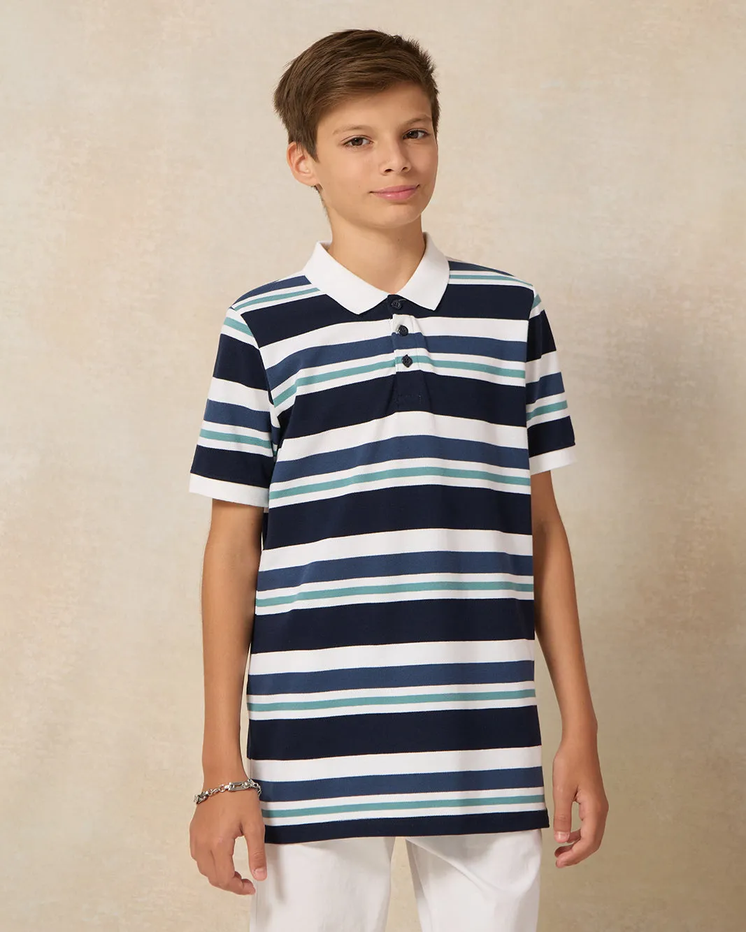 Senior Boys Navy Stripe Polo T-shirt sold by Redtag