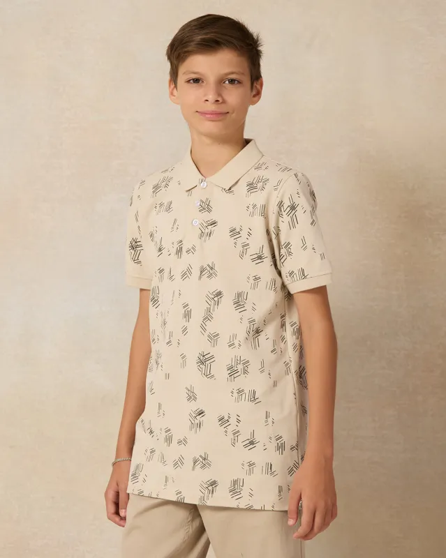 Senior Boys Beige Printed Polo T-shirt sold by Redtag