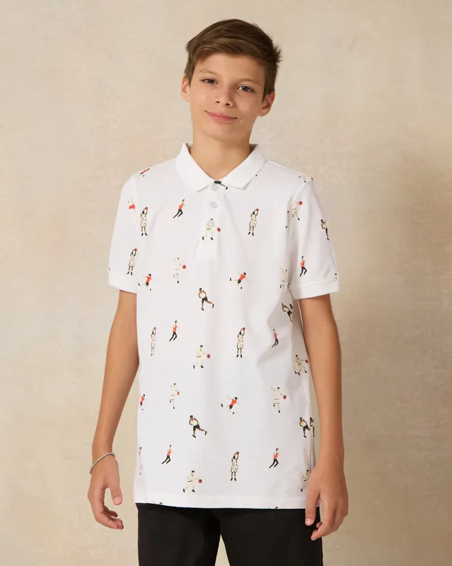 Senior Boys White Printed Polo T-shirt sold by Redtag